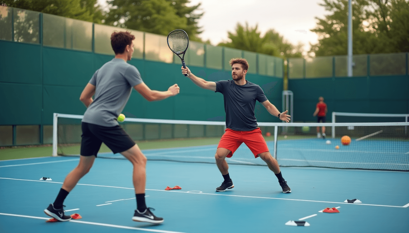 Deux joueurs de padel s'entrainant sur un terrain