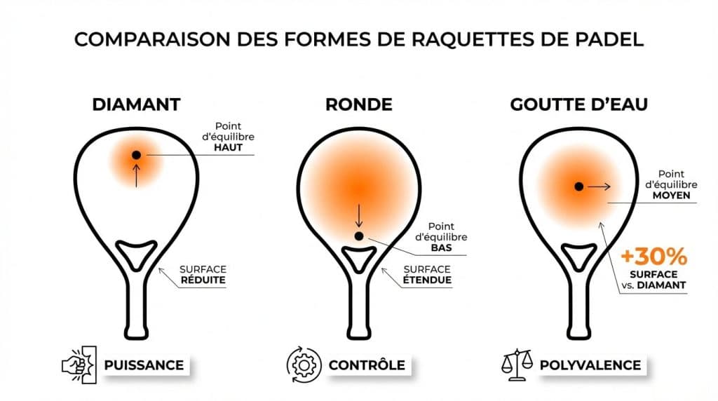 Comparaison des formes de raquettes de padel : diamant, ronde et goutte d'eau avec zones de sweet spot