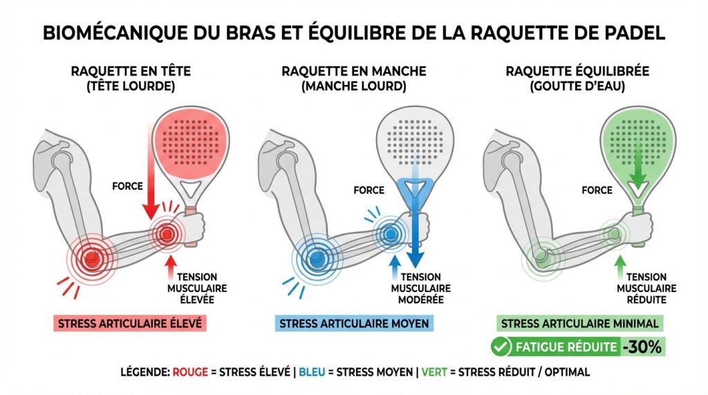 Schéma biomécanique montrant l'impact de l'équilibre de la raquette sur le bras du joueur