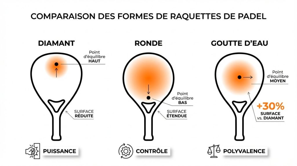 Comparaison des formes de raquettes de padel : diamant, ronde et goutte d'eau avec zones de sweet spot